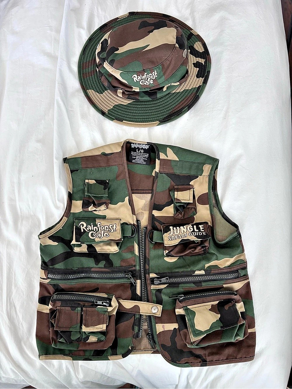 Rainforest Cafe Camo Ranger vest (youth large) and Jungle Safari Guide hat (one